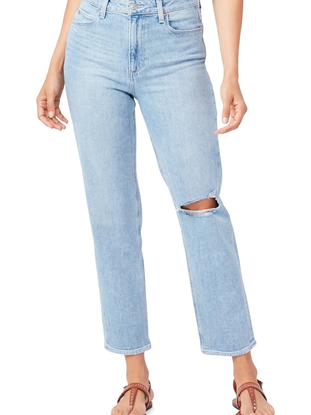 PAIGE Light Blue High-Rise Straight-Leg Jeans with Knee Rip